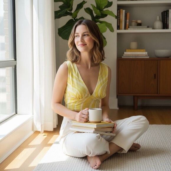 New Urban Outfitter Yellow Swirl Plunge Neckline Crossed Tie Back Crop Top SmalL - Picture 11 of 11